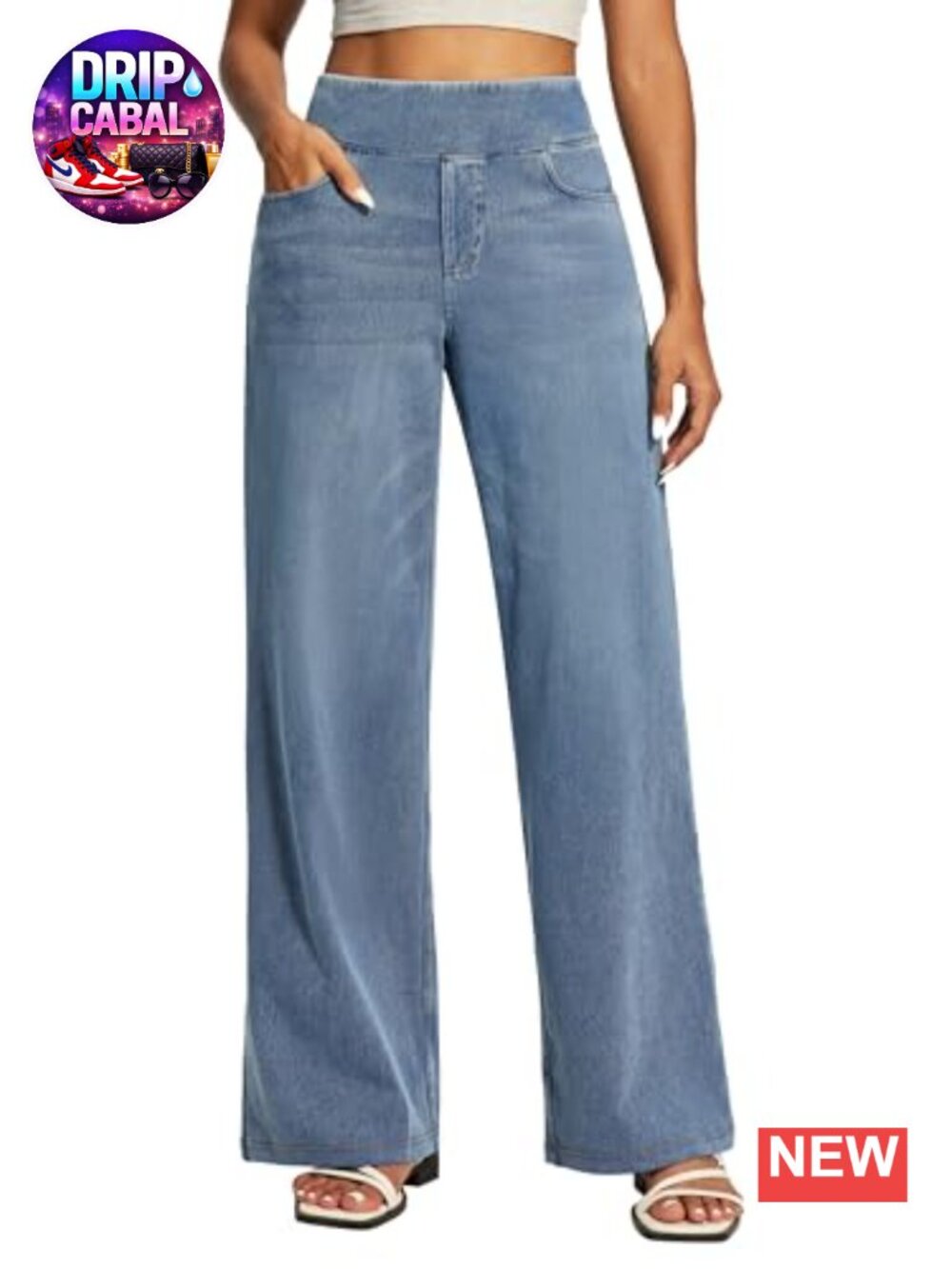 Wide Leg Pull On Jeans for Women High Waisted Stretch Denim Pants